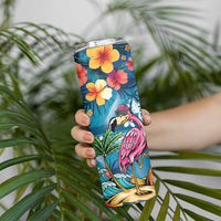 Hawaiian Flamingo Hibiscus Personalised Skinny Tumbler Blue Summer Tropical Flowers - Polynesian Pride
