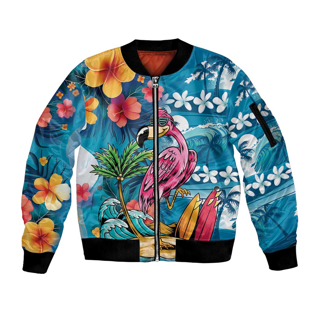 Hawaiian Flamingo Hibiscus Personalised Sleeve Zip Bomber Jacket Blue Summer Tropical Flowers LT9 Unisex Blue - Polynesian Pride