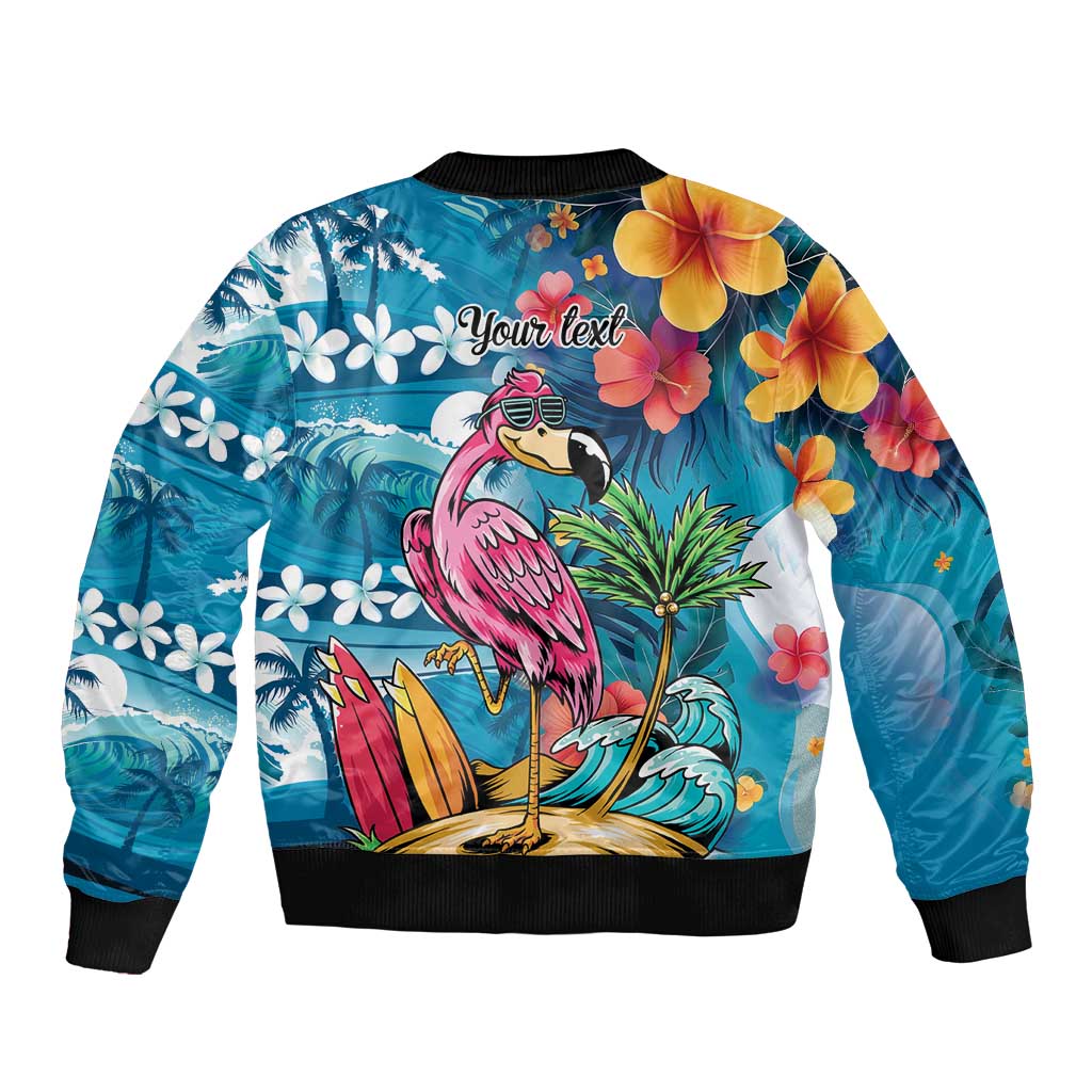 Hawaiian Flamingo Hibiscus Personalised Sleeve Zip Bomber Jacket Blue Summer Tropical Flowers LT9 - Polynesian Pride