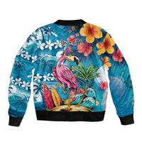 Hawaiian Flamingo Hibiscus Personalised Sleeve Zip Bomber Jacket Blue Summer Tropical Flowers LT9 - Polynesian Pride