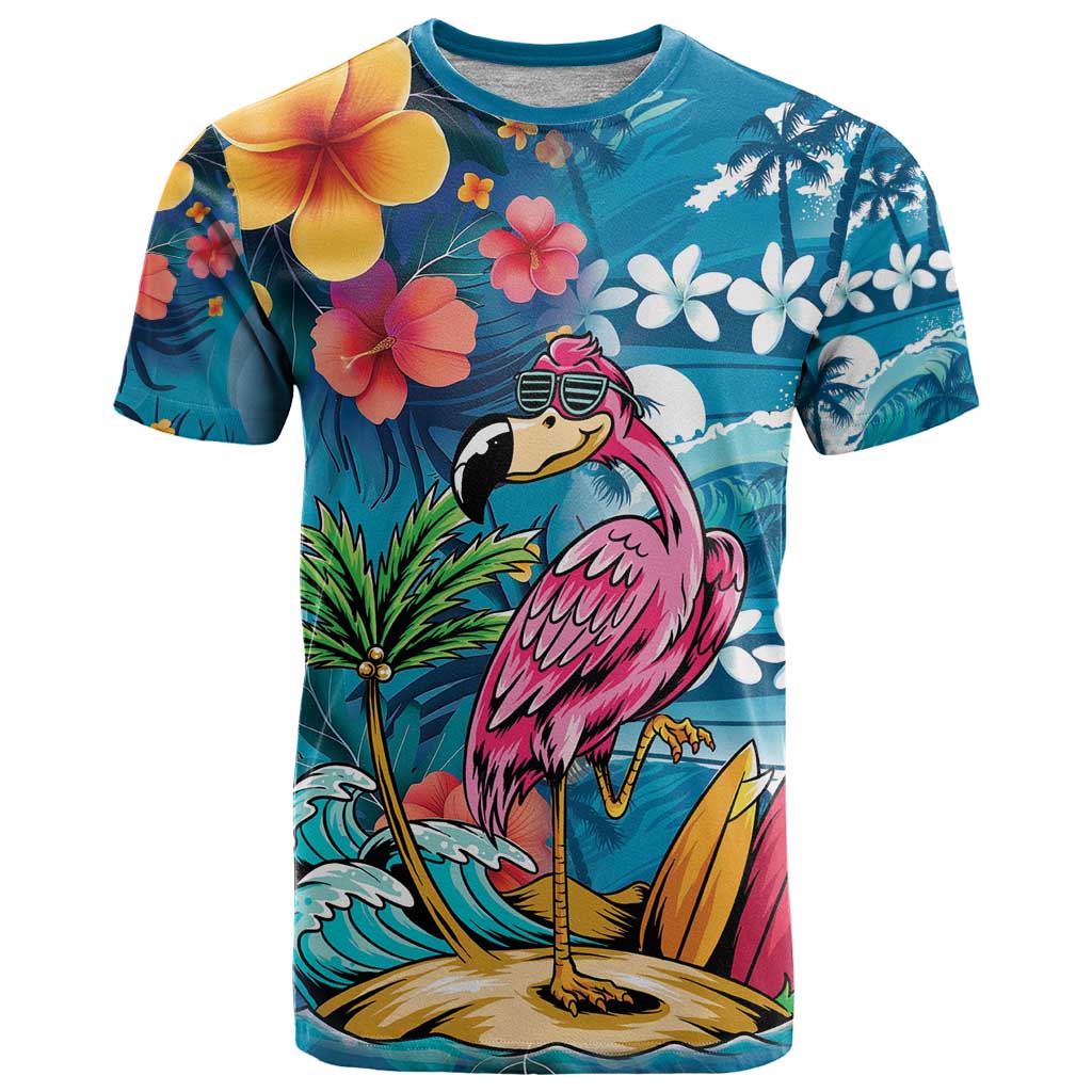 Hawaiian Flamingo Hibiscus Personalised T Shirt Blue Summer Tropical Flowers - Polynesian Pride