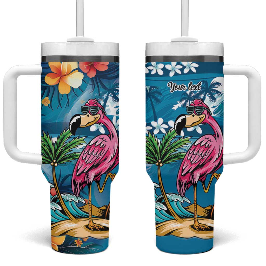 Hawaiian Flamingo Hibiscus Personalised Tumbler With Handle Blue Summer Tropical Flowers - Polynesian Pride