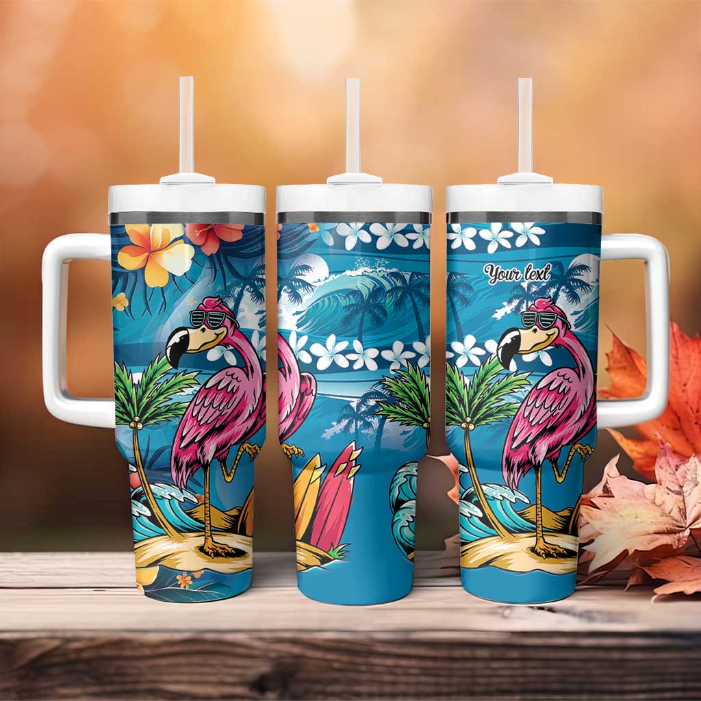 Hawaiian Flamingo Hibiscus Personalised Tumbler With Handle Blue Summer Tropical Flowers - Polynesian Pride