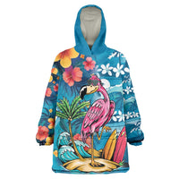Hawaiian Flamingo Hibiscus Personalised Wearable Blanket Hoodie Blue Summer Tropical Flowers - Polynesian Pride