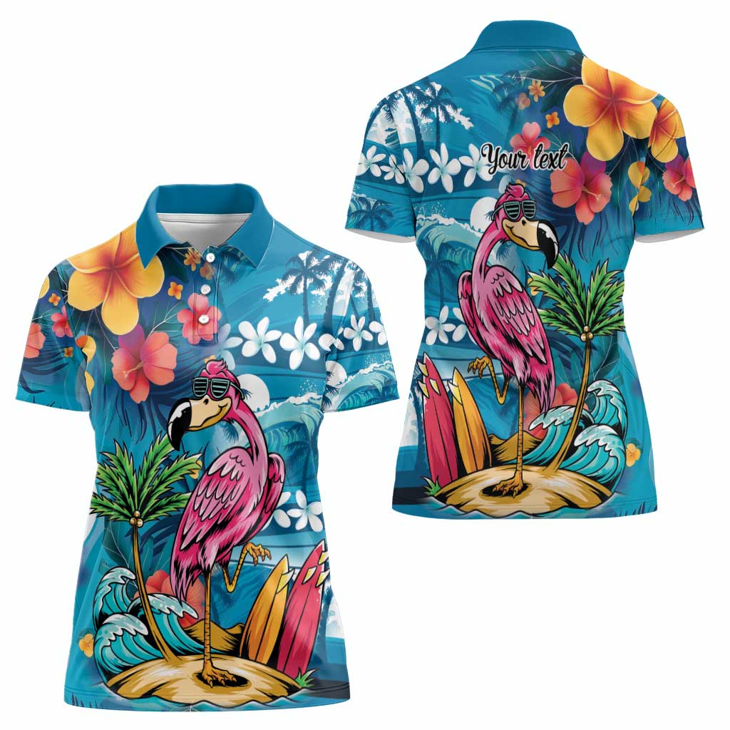 Hawaiian Flamingo Hibiscus Personalised Women Polo Shirt Blue Summer Tropical Flowers - Polynesian Pride