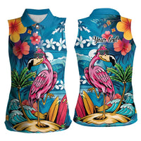 Hawaiian Flamingo Hibiscus Personalised Women Sleeveless Polo Shirt Blue Summer Tropical Flowers - Polynesian Pride