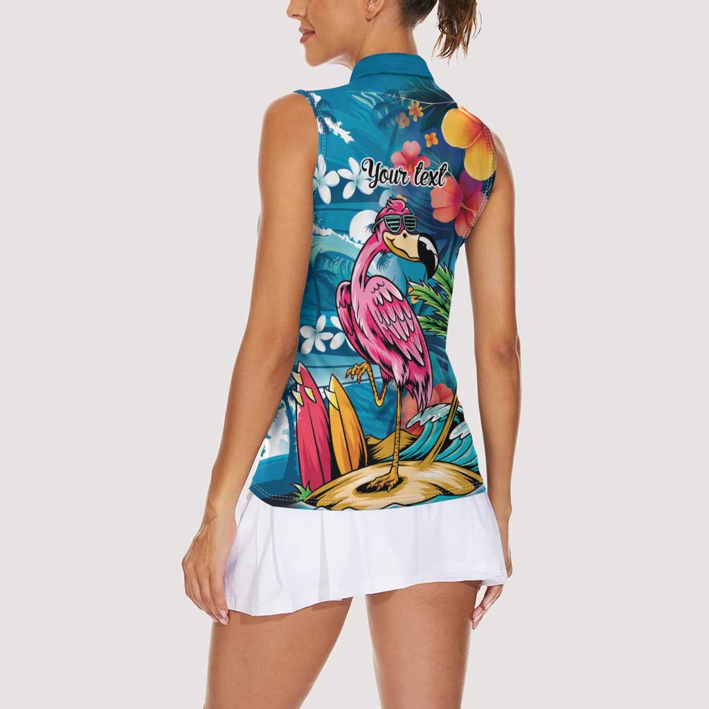 Hawaiian Flamingo Hibiscus Personalised Women Sleeveless Polo Shirt Blue Summer Tropical Flowers - Polynesian Pride