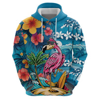 Hawaiian Flamingo Hibiscus Personalised Zip Hoodie Blue Summer Tropical Flowers - Polynesian Pride