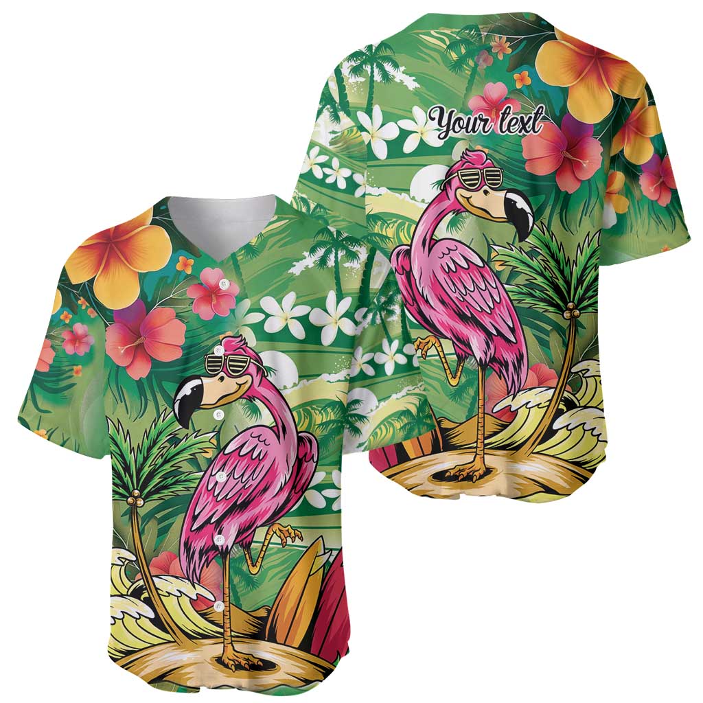 Hawaiian Flamingo Hibiscus Personalised Baseball Jersey Green Summer Tropical Flowers - Polynesian Pride