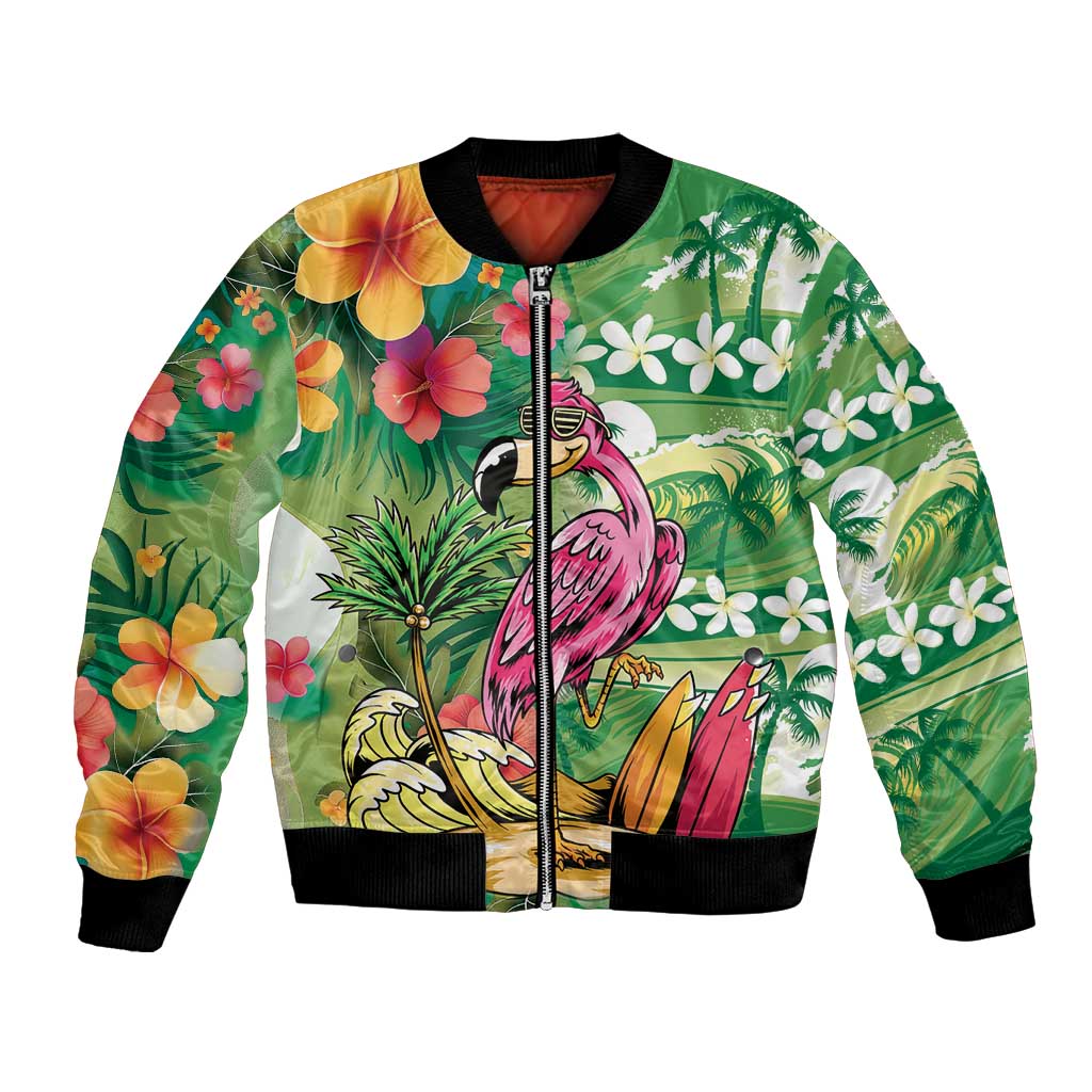 Hawaiian Flamingo Hibiscus Personalised Bomber Jacket Green Summer Tropical Flowers LT9 Unisex Green - Polynesian Pride