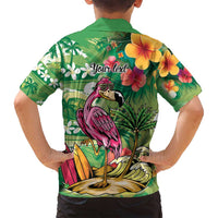 Hawaiian Flamingo Hibiscus Personalised Family Matching Long Sleeve Bodycon Dress and Hawaiian Shirt Green Summer Tropical Flowers LT9 - Polynesian Pride