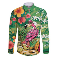 Hawaiian Flamingo Hibiscus Personalised Family Matching Mermaid Dress and Hawaiian Shirt Green Summer Tropical Flowers LT9 Dad's Shirt - Long Sleeve Green - Polynesian Pride