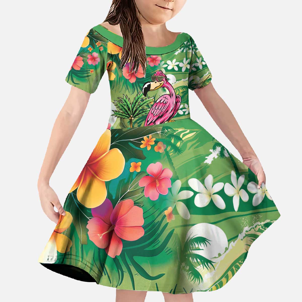 Hawaiian Flamingo Hibiscus Personalised Family Matching Off The Shoulder Long Sleeve Dress and Hawaiian Shirt Green Summer Tropical Flowers - Polynesian Pride
