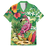Hawaiian Flamingo Hibiscus Personalised Family Matching Off The Shoulder Long Sleeve Dress and Hawaiian Shirt Green Summer Tropical Flowers - Polynesian Pride