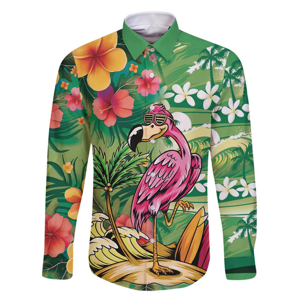 Hawaiian Flamingo Hibiscus Personalised Family Matching Off The Shoulder Long Sleeve Dress and Hawaiian Shirt Green Summer Tropical Flowers - Polynesian Pride