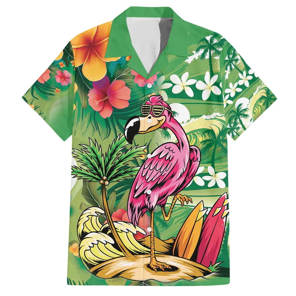 Hawaiian Flamingo Hibiscus Personalised Family Matching Off Shoulder Maxi Dress and Hawaiian Shirt Green Summer Tropical Flowers - Polynesian Pride