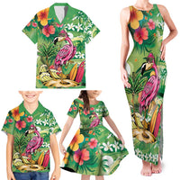 Hawaiian Flamingo Hibiscus Personalised Family Matching Tank Maxi Dress and Hawaiian Shirt Green Summer Tropical Flowers - Polynesian Pride