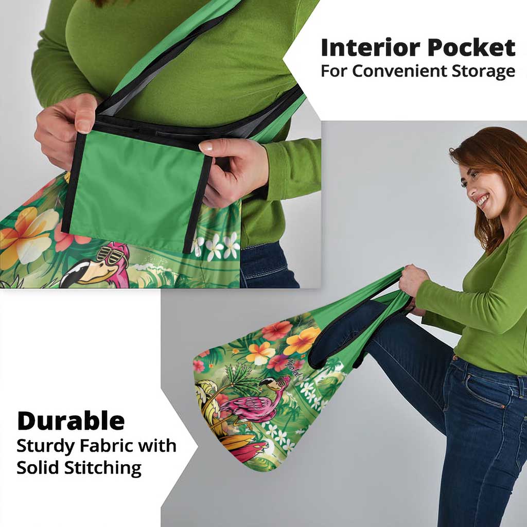 Hawaiian Flamingo Hibiscus Personalised Grocery Bag Green Summer Tropical Flowers - Polynesian Pride