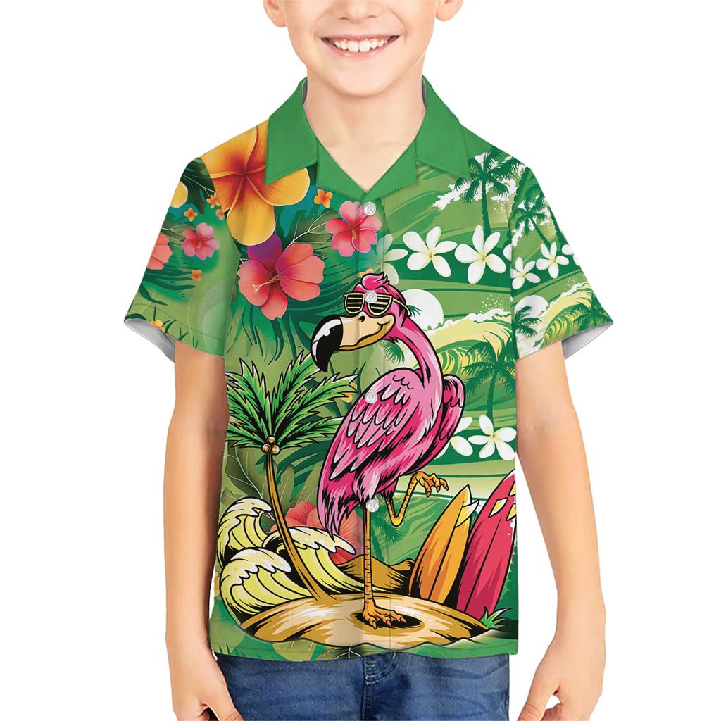 Hawaiian Flamingo Hibiscus Personalised Kid Hawaiian Shirt Green Summer Tropical Flowers - Polynesian Pride