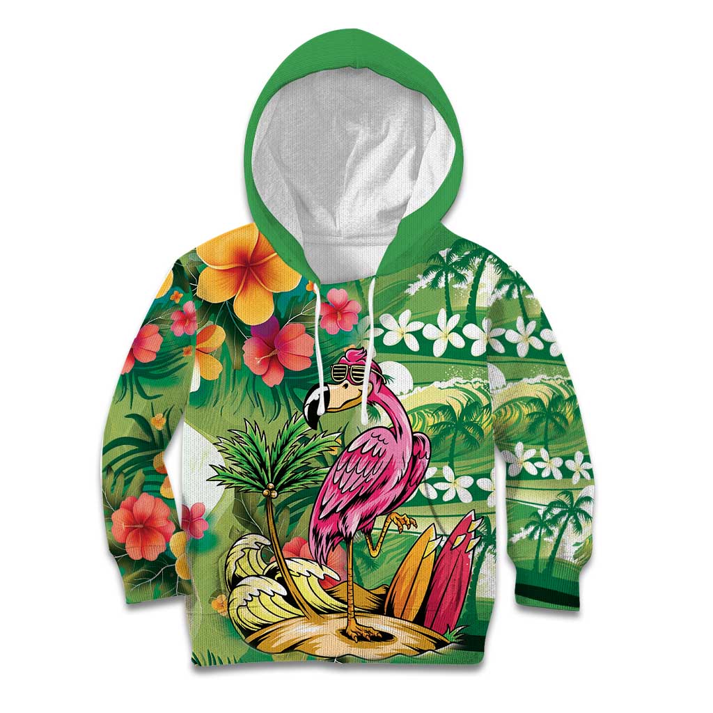 Hawaiian Flamingo Hibiscus Personalised Kid Hoodie Green Summer Tropical Flowers - Polynesian Pride