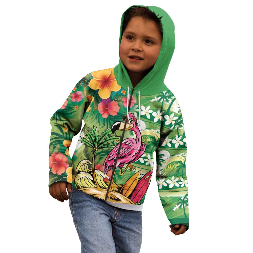 Hawaiian Flamingo Hibiscus Personalised Kid Hoodie Green Summer Tropical Flowers - Polynesian Pride