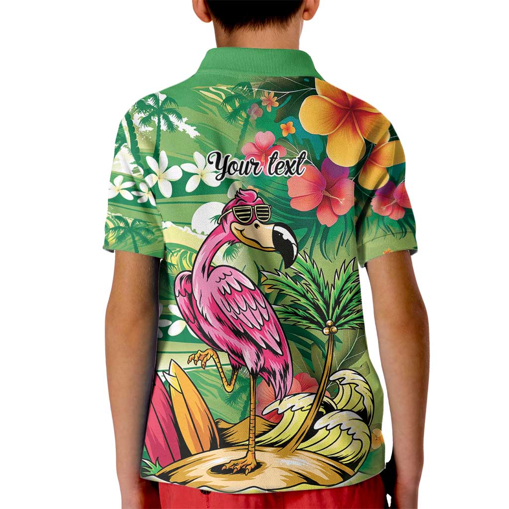 Hawaiian Flamingo Hibiscus Personalised Kid Polo Shirt Green Summer Tropical Flowers - Polynesian Pride
