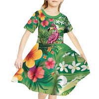 Hawaiian Flamingo Hibiscus Personalised Kid Short Sleeve Dress Green Summer Tropical Flowers - Polynesian Pride