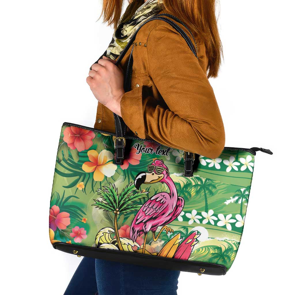 Hawaiian Flamingo Hibiscus Personalised Leather Tote Bag Green Summer Tropical Flowers LT9 Green - Polynesian Pride