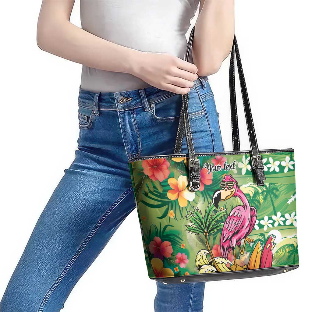 Hawaiian Flamingo Hibiscus Personalised Leather Tote Bag Green Summer Tropical Flowers LT9 - Polynesian Pride