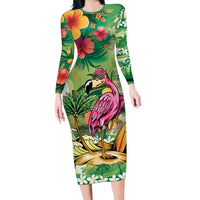 Hawaiian Flamingo Hibiscus Personalised Long Sleeve Bodycon Dress Green Summer Tropical Flowers - Polynesian Pride