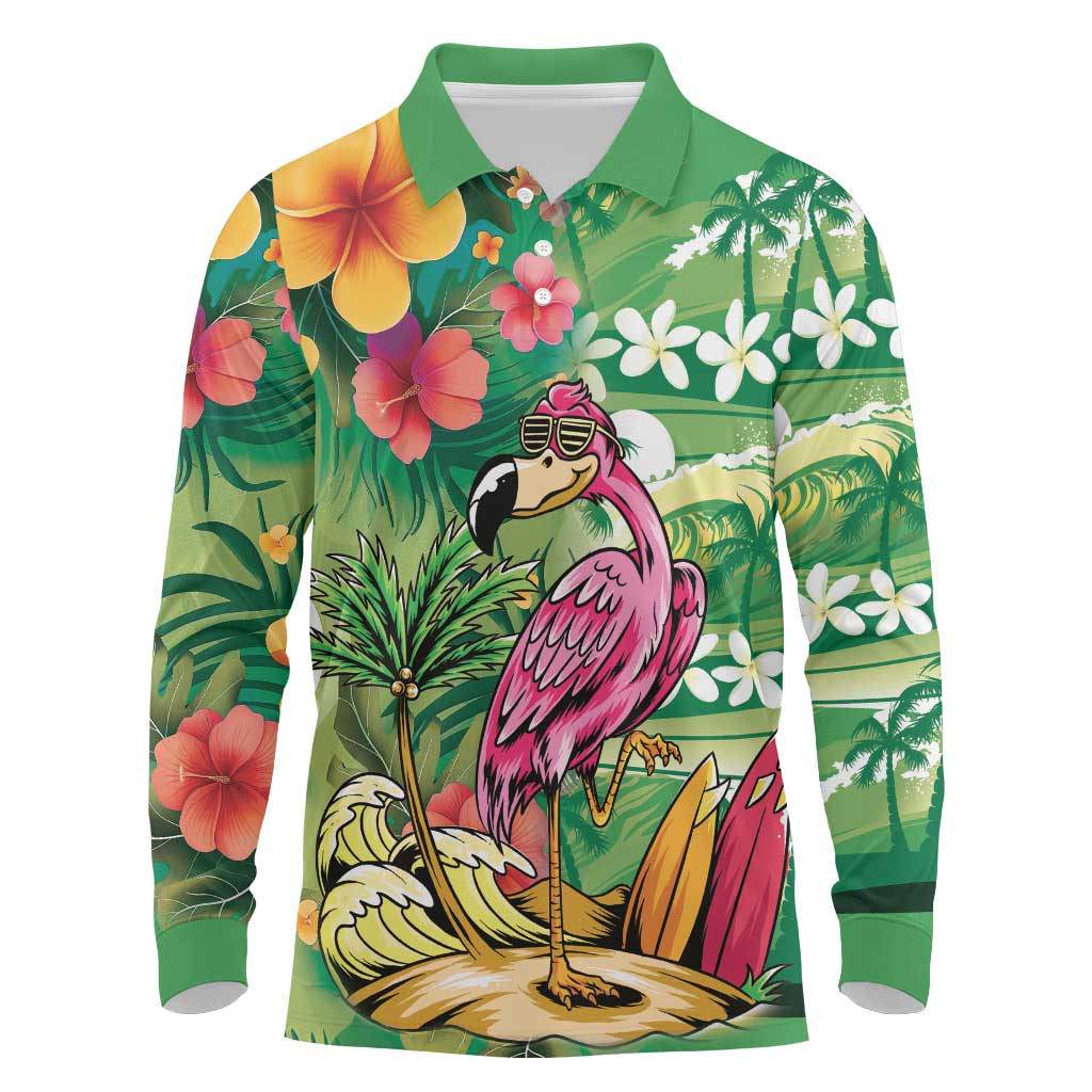 Hawaiian Flamingo Hibiscus Personalised Long Sleeve Polo Shirt Green Summer Tropical Flowers - Polynesian Pride