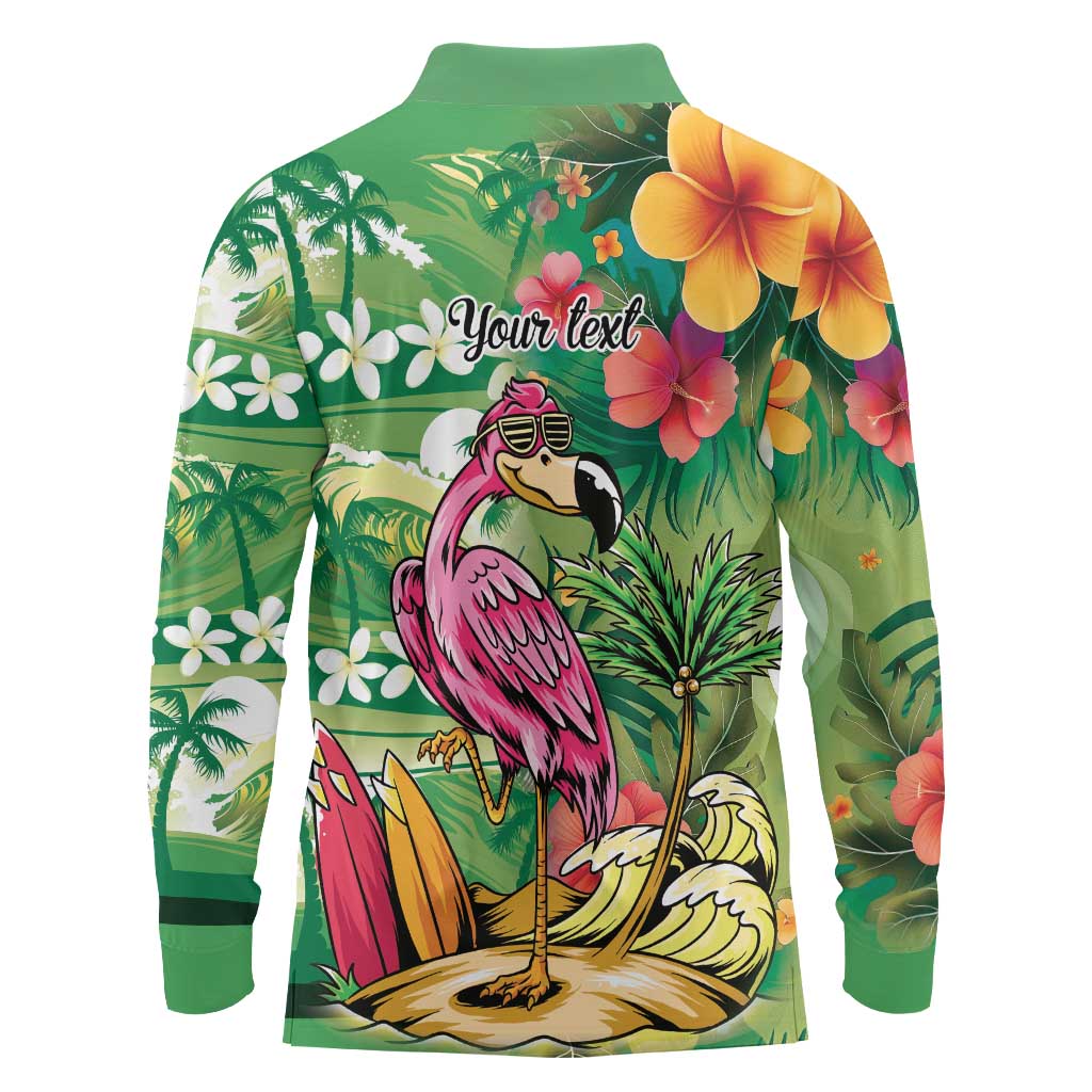 Hawaiian Flamingo Hibiscus Personalised Long Sleeve Polo Shirt Green Summer Tropical Flowers - Polynesian Pride