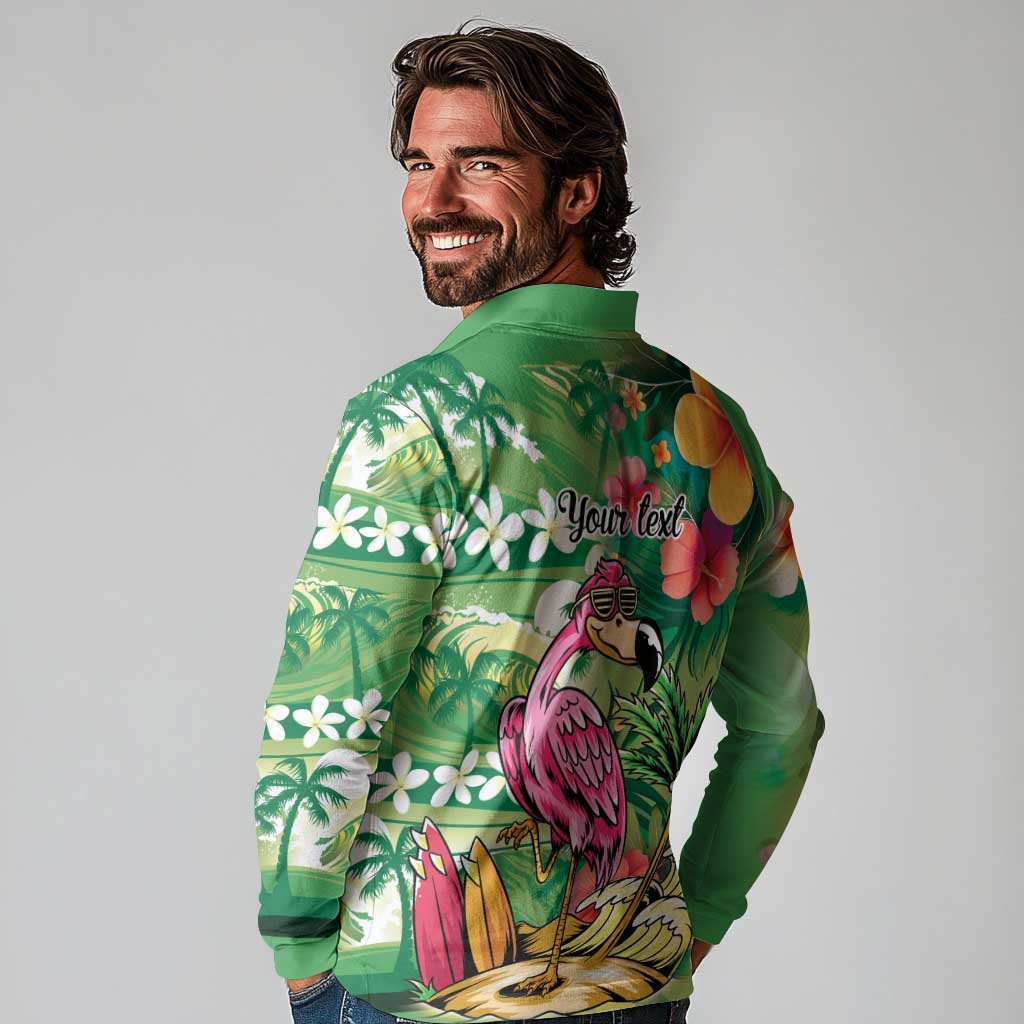 Hawaiian Flamingo Hibiscus Personalised Long Sleeve Polo Shirt Green Summer Tropical Flowers - Polynesian Pride