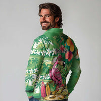 Hawaiian Flamingo Hibiscus Personalised Long Sleeve Polo Shirt Green Summer Tropical Flowers - Polynesian Pride