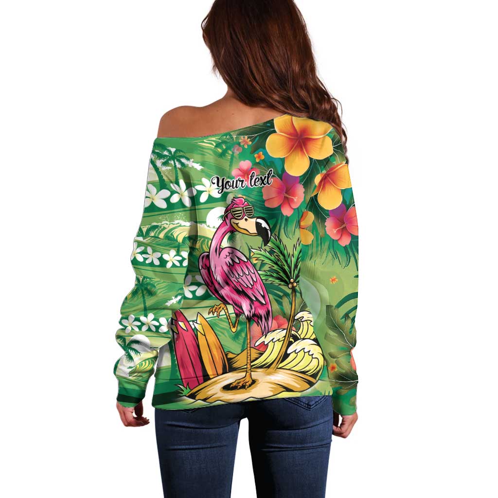 Hawaiian Flamingo Hibiscus Personalised Off Shoulder Sweater Green Summer Tropical Flowers - Polynesian Pride