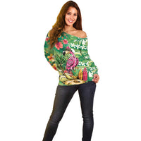 Hawaiian Flamingo Hibiscus Personalised Off Shoulder Sweater Green Summer Tropical Flowers - Polynesian Pride
