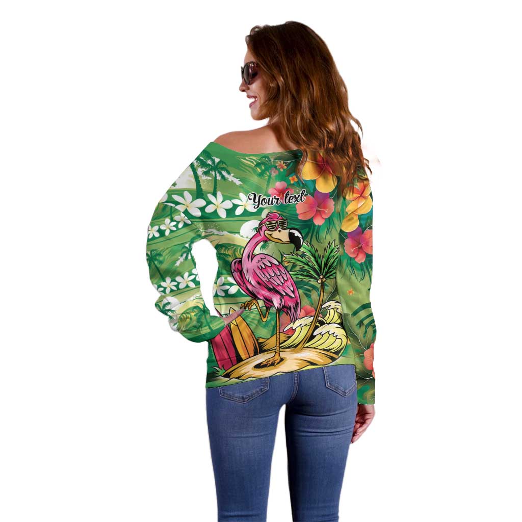 Hawaiian Flamingo Hibiscus Personalised Off Shoulder Sweater Green Summer Tropical Flowers - Polynesian Pride
