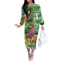 Hawaiian Flamingo Hibiscus Personalised Off The Shoulder Long Sleeve Dress Green Summer Tropical Flowers - Polynesian Pride