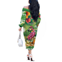 Hawaiian Flamingo Hibiscus Personalised Off The Shoulder Long Sleeve Dress Green Summer Tropical Flowers - Polynesian Pride