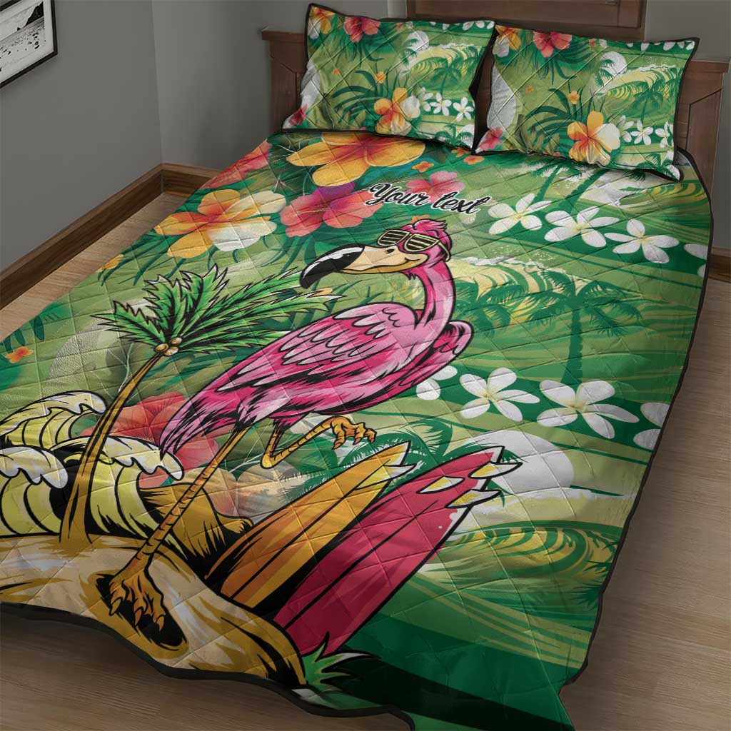 Hawaiian Flamingo Hibiscus Personalised Quilt Bed Set Green Summer Tropical Flowers - Polynesian Pride