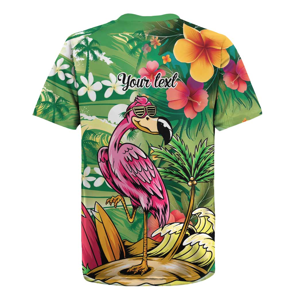 Hawaiian Flamingo Hibiscus Personalised Rugby Jersey Green Summer Tropical Flowers - Polynesian Pride