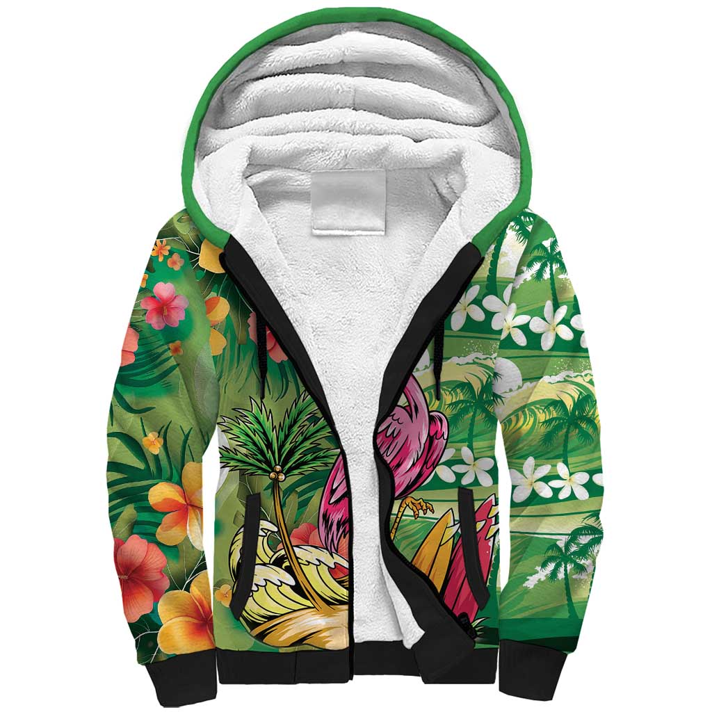 Hawaiian Flamingo Hibiscus Personalised Sherpa Hoodie Green Summer Tropical Flowers - Polynesian Pride