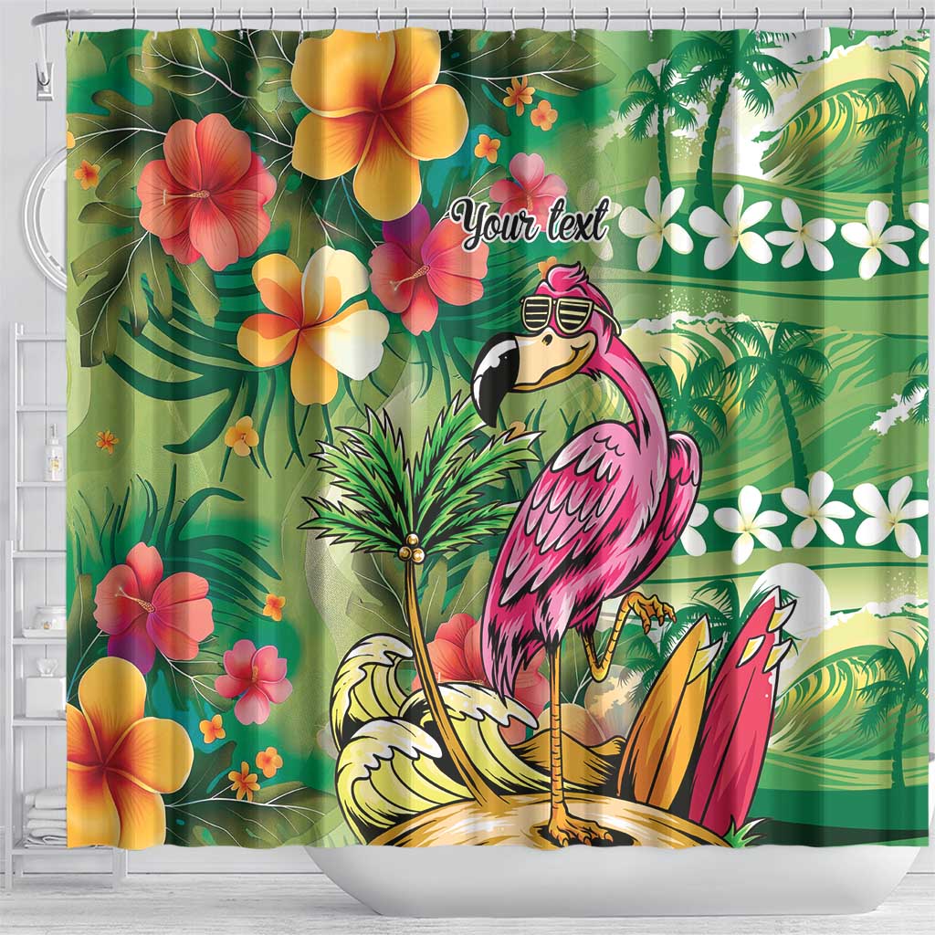 Hawaiian Flamingo Hibiscus Personalised Shower Curtain Green Summer Tropical Flowers - Polynesian Pride