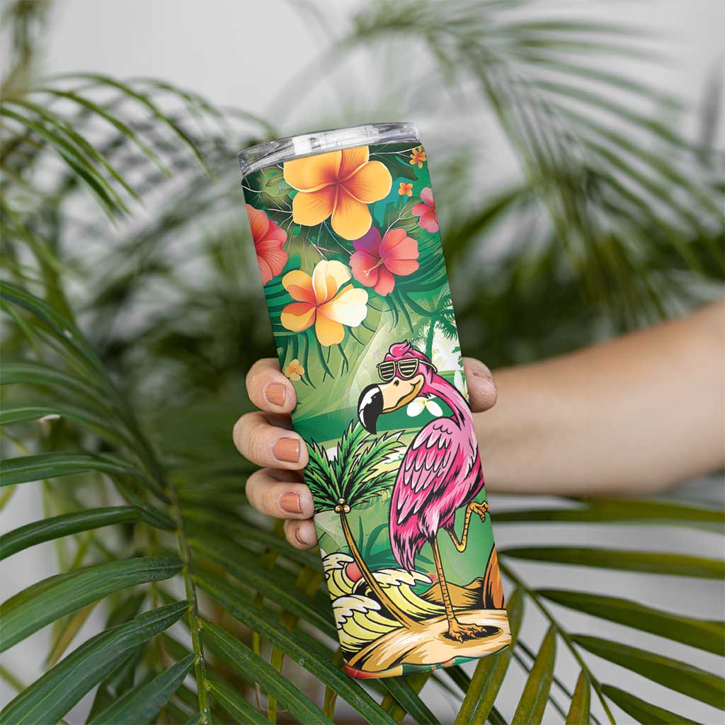 Hawaiian Flamingo Hibiscus Personalised Skinny Tumbler Green Summer Tropical Flowers - Polynesian Pride