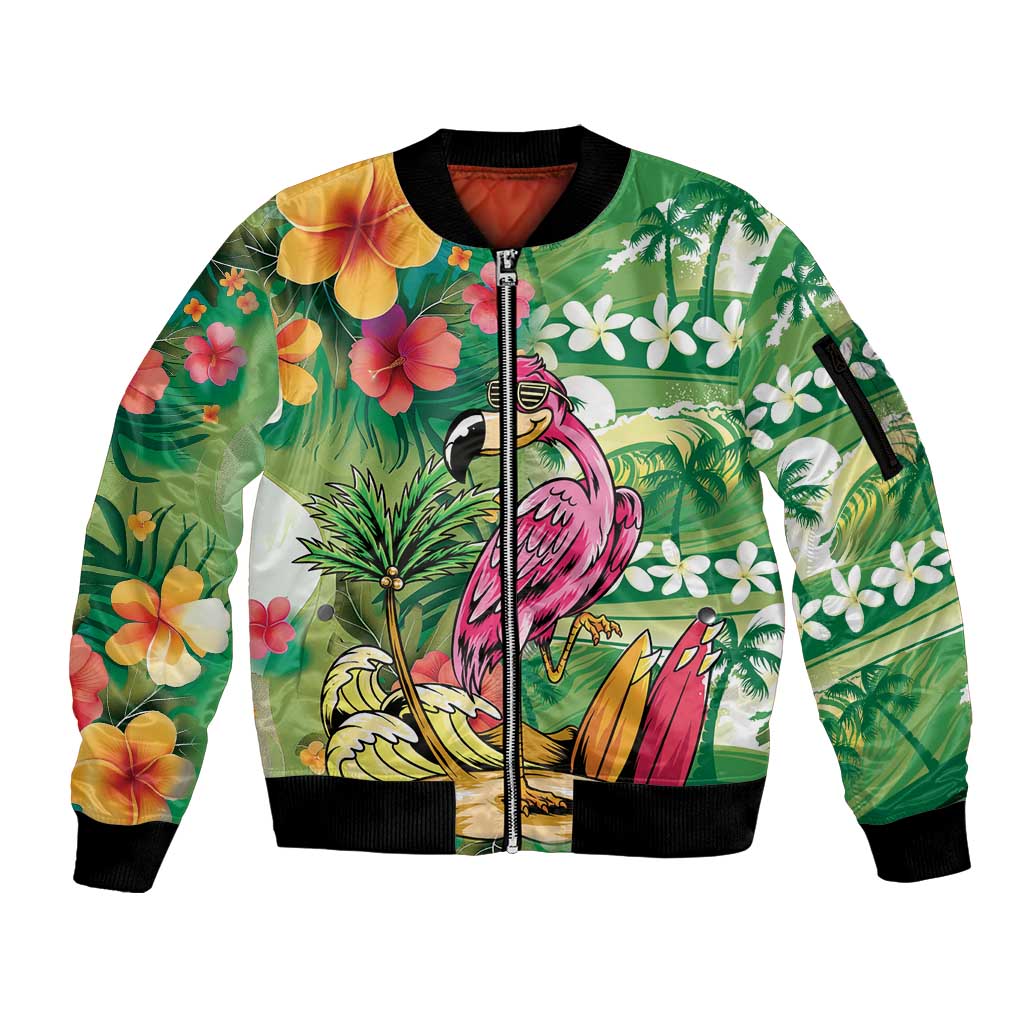 Hawaiian Flamingo Hibiscus Personalised Sleeve Zip Bomber Jacket Green Summer Tropical Flowers LT9 Unisex Green - Polynesian Pride