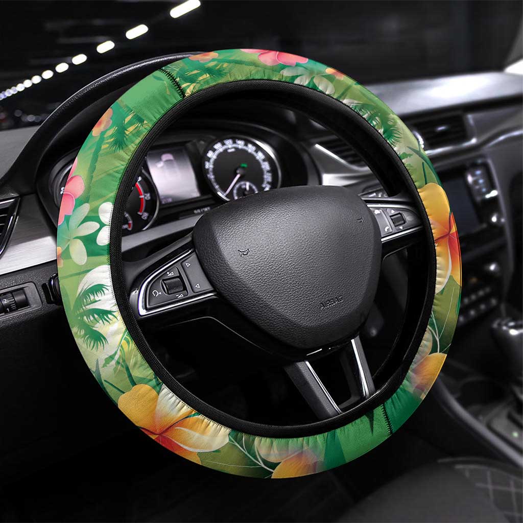 Hawaiian Flamingo Hibiscus Steering Wheel Cover Green Summer Tropical Flowers - Polynesian Pride