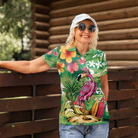 Hawaiian Flamingo Hibiscus Personalised Women Polo Shirt Green Summer Tropical Flowers - Polynesian Pride