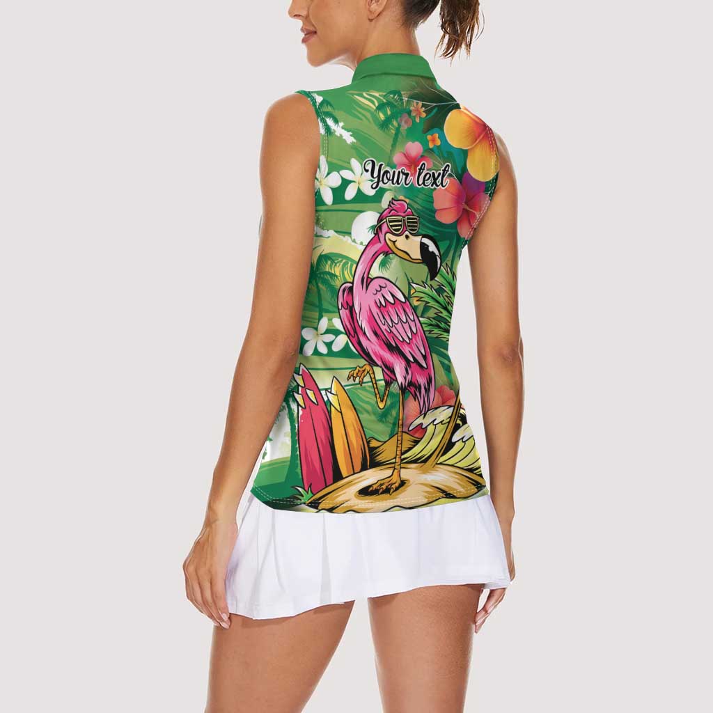 Hawaiian Flamingo Hibiscus Personalised Women Sleeveless Polo Shirt Green Summer Tropical Flowers - Polynesian Pride