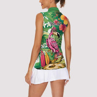 Hawaiian Flamingo Hibiscus Personalised Women Sleeveless Polo Shirt Green Summer Tropical Flowers - Polynesian Pride
