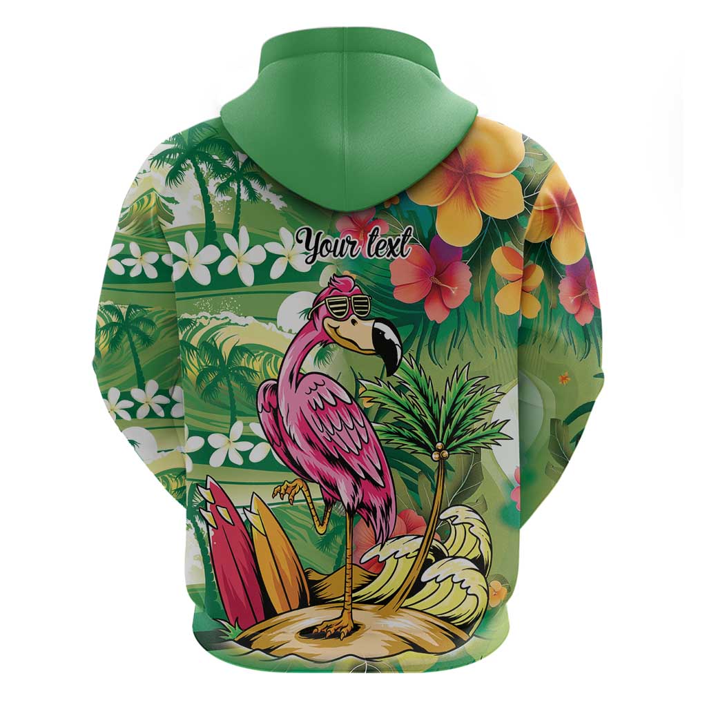 Hawaiian Flamingo Hibiscus Personalised Zip Hoodie Green Summer Tropical Flowers - Polynesian Pride